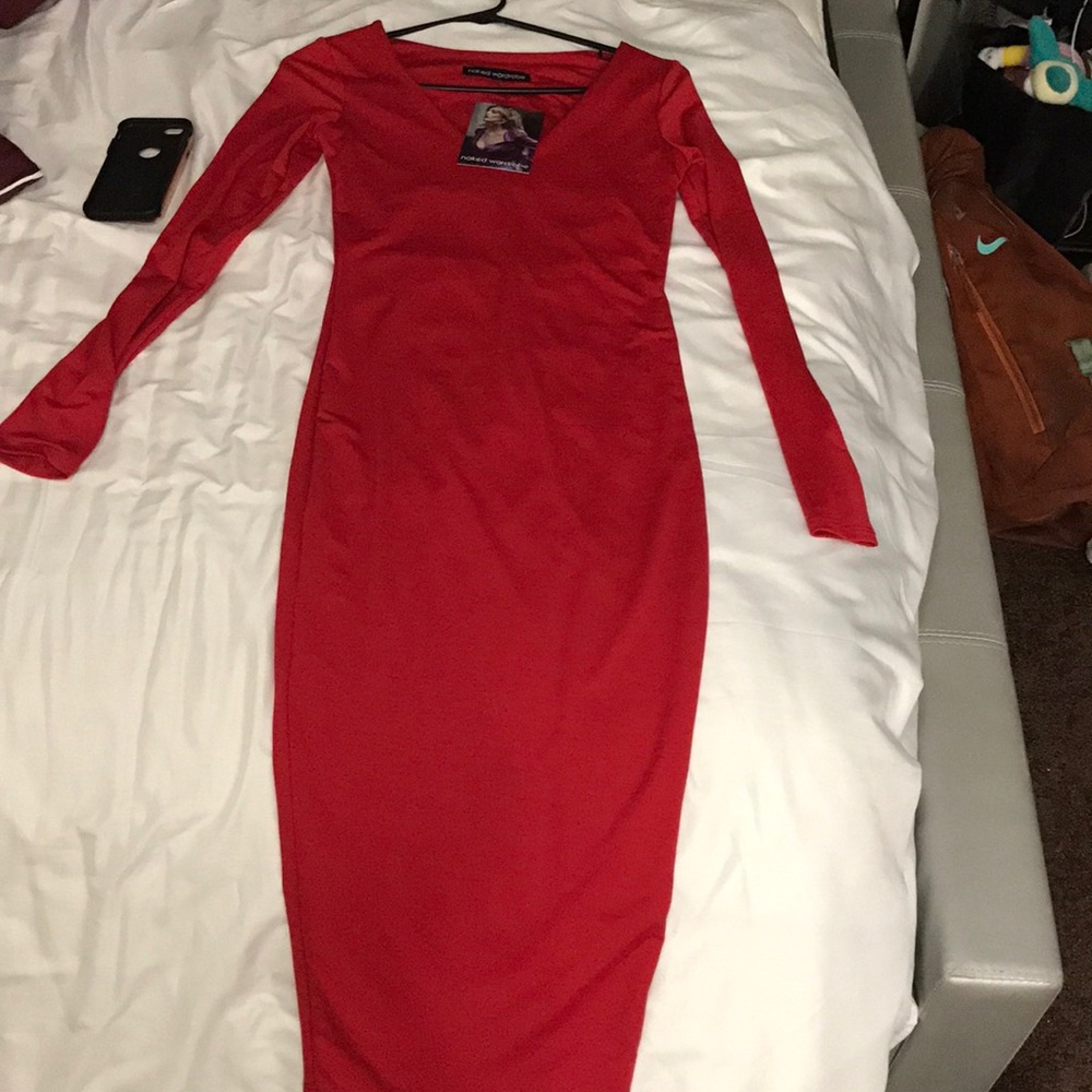 Long red V Neck dress